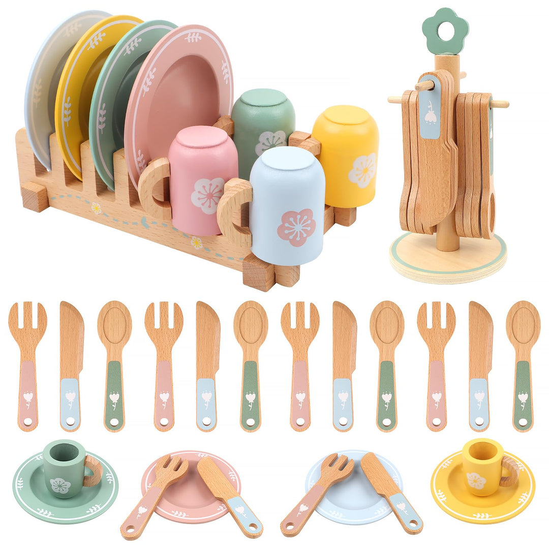 Kinderküche Zubehör Kinderküche Geschirr, Spielküche Zubehör Holz mit Tassen Teller, Bunt Teeservice