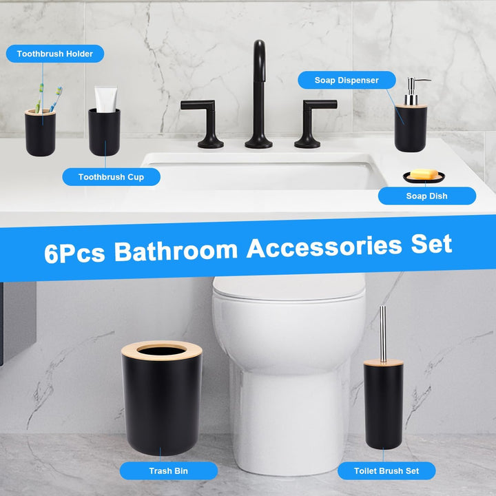 Badezimmer-Zubehör-Set aus Bambus, Waschraum-Zubehör-Set, Lotion-Flaschen, Zahnbürstenhalter, Zahnbe