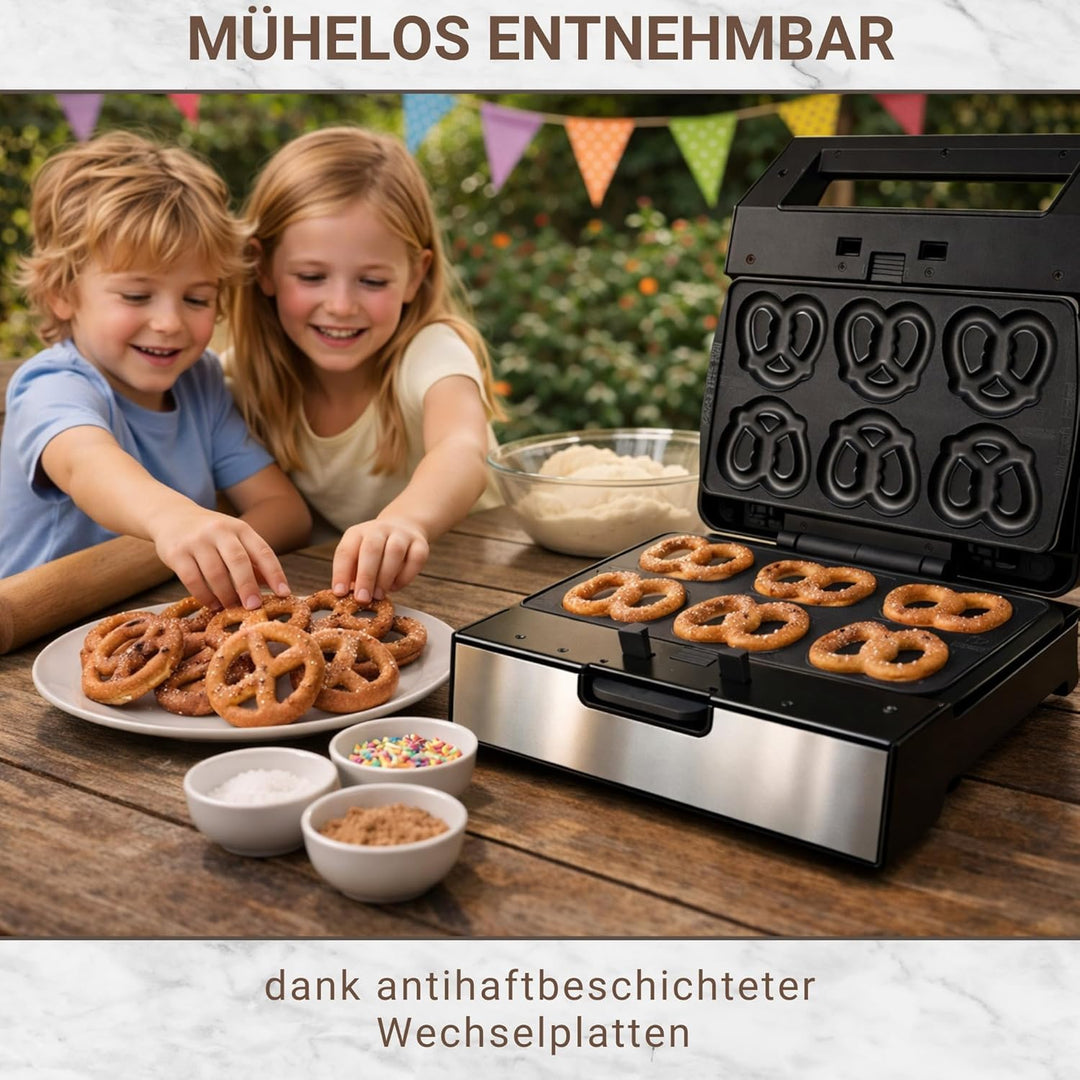 Syntrox Mini Brezel Maker mit Wechselplatten, Edelstahl, schnelles Aufheizen, Antihaftbeschichtet, v