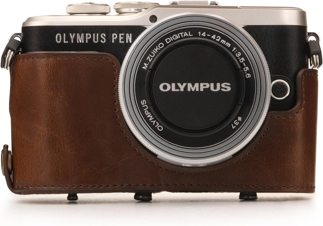 MegaGear MG1452 Olympus PEN E-PL9 (14-42mm) Ever Ready Leder Kamera-Case mit Trageriemen – Dunkelbra