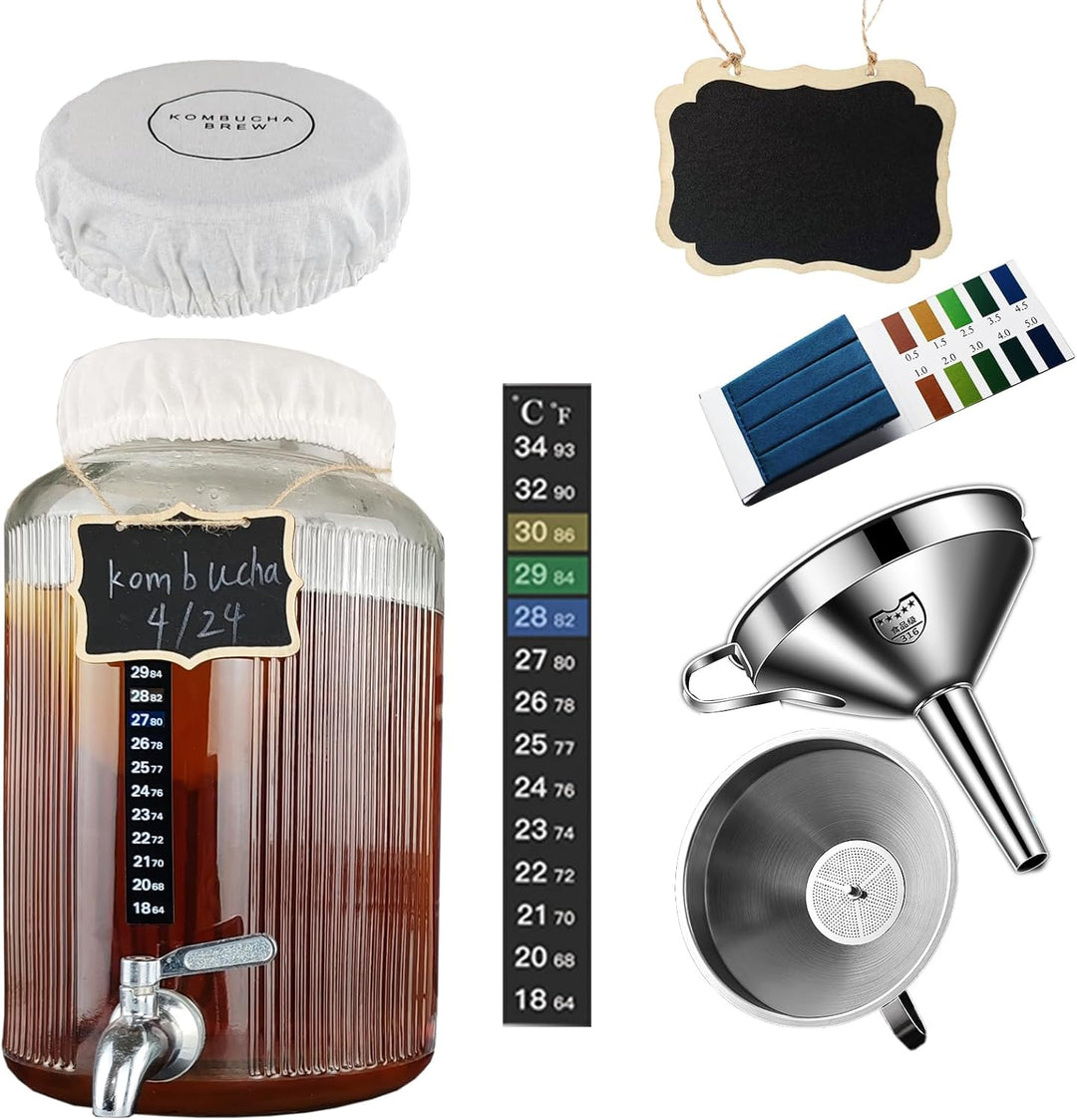 Kombucha Brauset mit 5,5L Glasfermenter & Hahn – Komplett-Set mit Edelstahl-Trichter, Tuch, Temperat