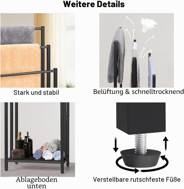 Shinoske Handtuchhalter Stehend, Handtücher Handtuchständer Badetuchhalter mit 3 Handtuchstangen, Fr