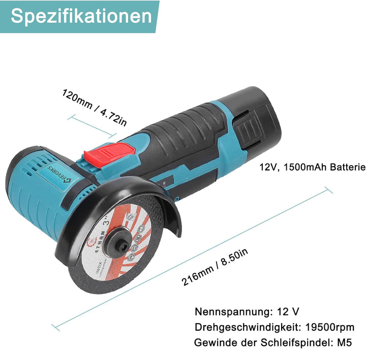 Mini Winkelschleifer,12V Akku Mini Flex 19500 rpm,Mit 2 * 2000 mAh Akku 6 Trennscheiben (76mm Durchm