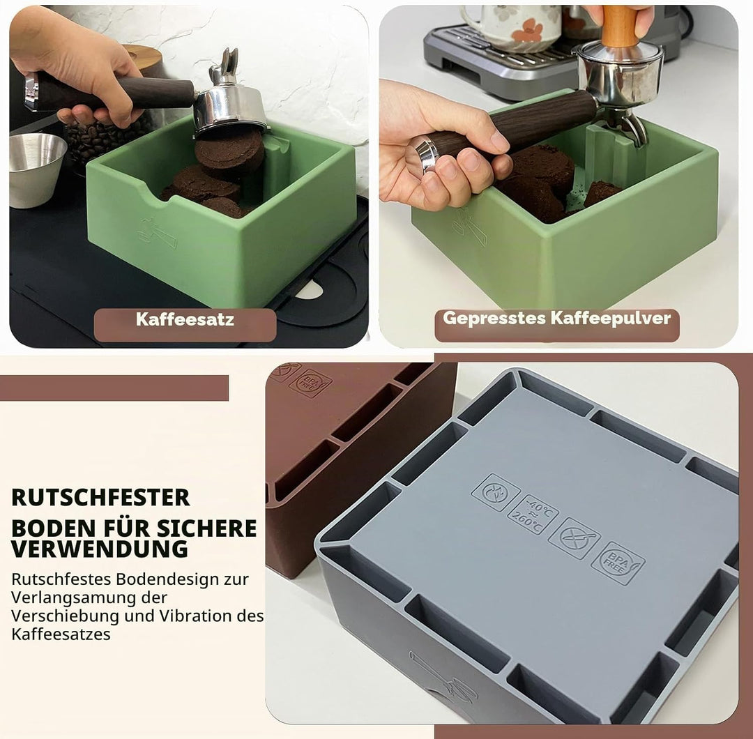 3 Stück Silikon Abklopfbehälter Set für Siebträger - Inkl. Grün Tampermatte (25x20cm), Knock Box (16