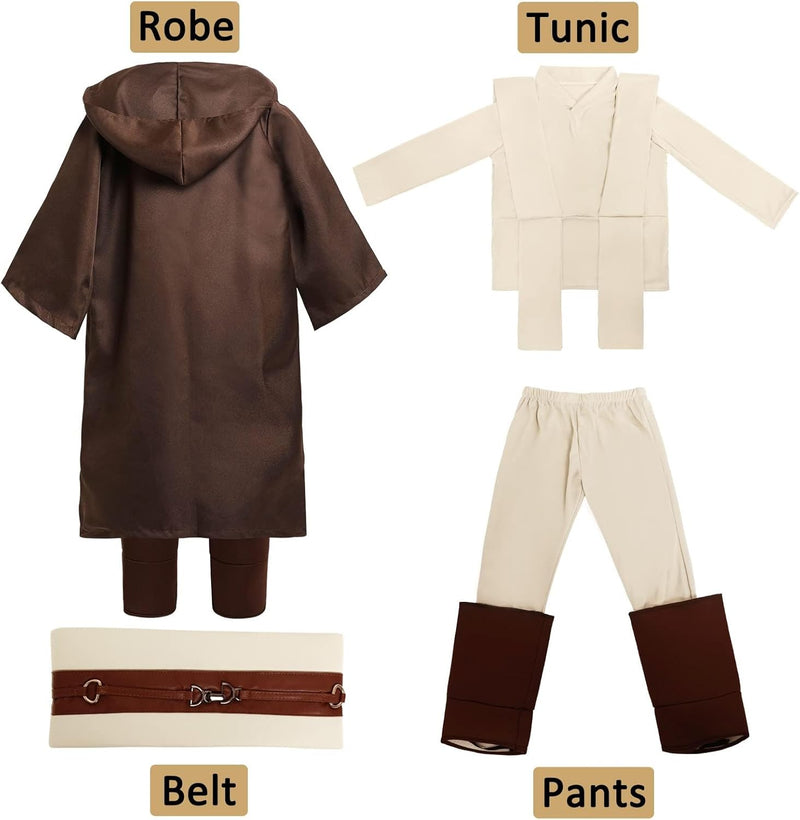 Applysu Kinder Jedi KostüM 4pcs Jedi Robe Ritter KostüM Kinder Halloween Cosplay Requisiten mit Kapu