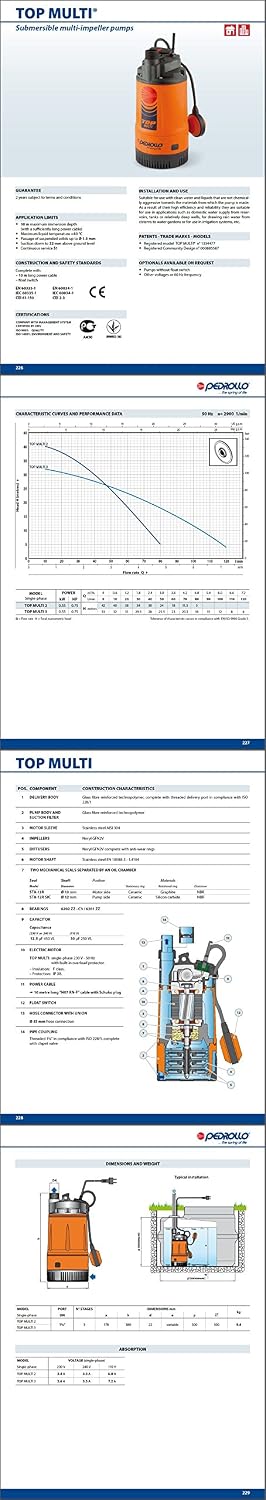 Submersible Multi Impeller Pump clear water TOP MULTI 3 0,75Hp 240V Pedrollo