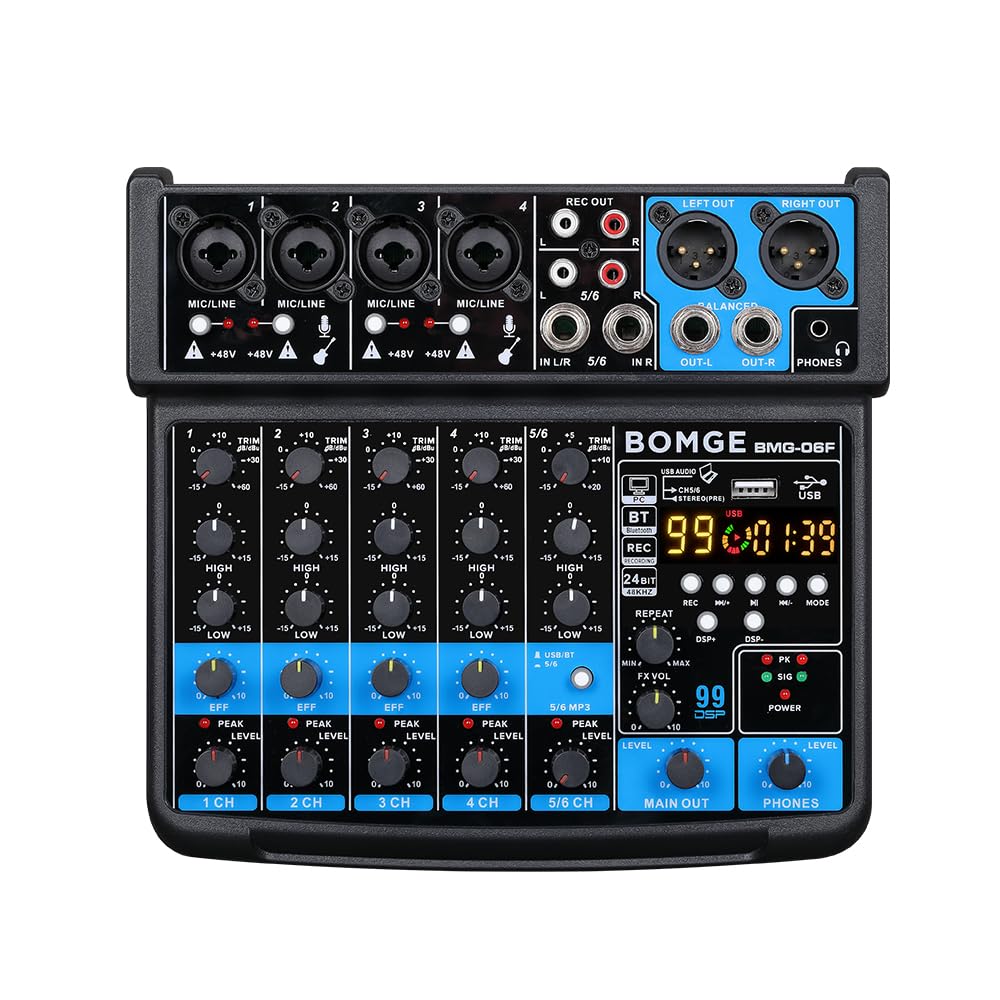 BOMGE 6-Kanal-Mini-DJ-Audio-Sound-Mixer-Konsole mit USB-Schnittstelle, Bluetooth, Stereo-Aufnahme, 4