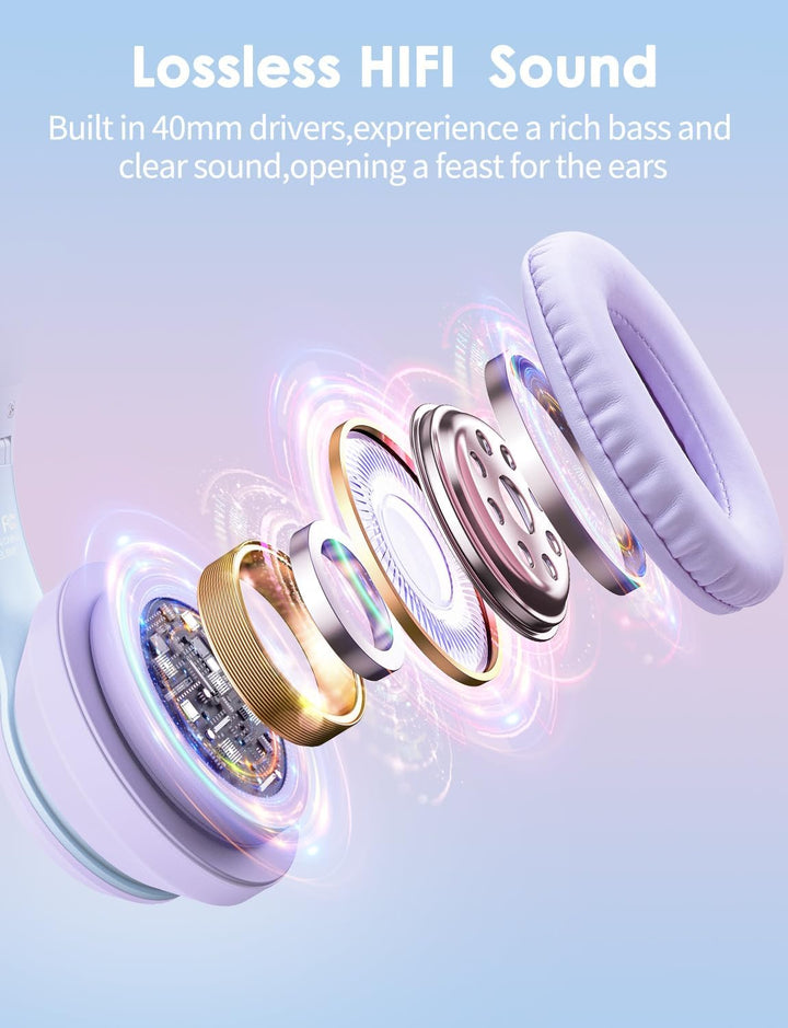 Bluetooth-Kopfhörer mit LED-Katzenohren – Kabelloses Over-Ear Headset mit Mikrofon, Hi-Fi Stereo-Sou