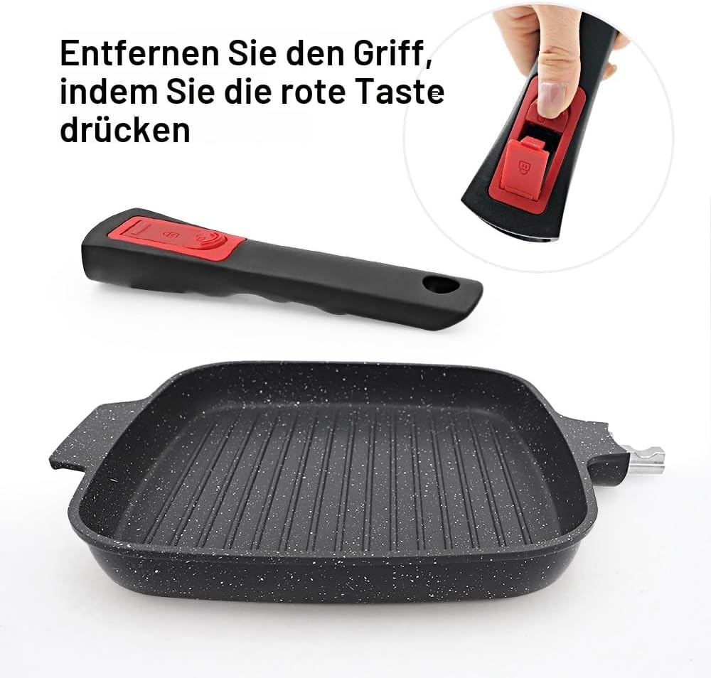 Grillpfanne Induktion mit Abnehmbarer Griff, 26 x 24 cm Steakpfanne mit Deckel Antihaft Beschichtet