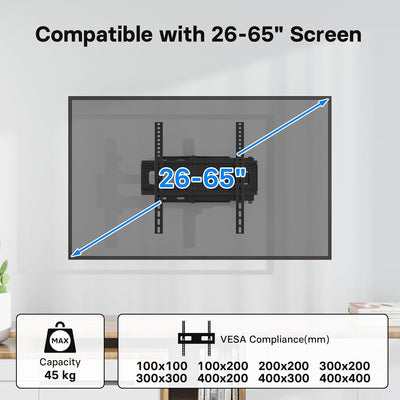 BONTEC TV Wandhalterung für 26-65 Zoll Flach- und Curved-Fernseher, Schwenkbar und Neigbar, Ausziehb