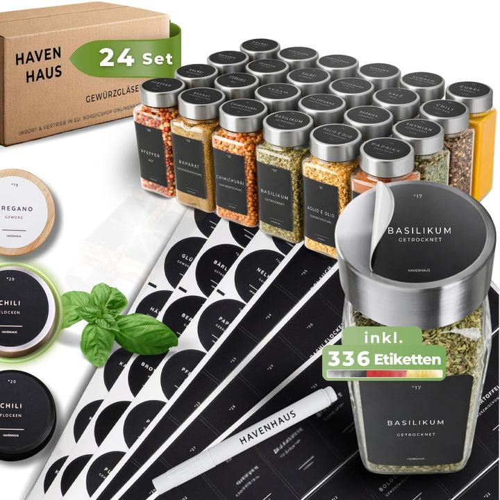 HAVENHAUS Gewürzgläser Set | hochwertiges Komplettset aus 24x Gewürz Gläser [120ml] inkl. 336 deutsc