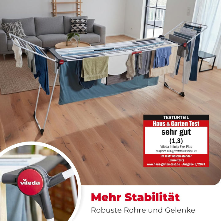 Vileda Infinity Flex Plus Wäscheständer, bis zu 2m ausziehbares Mittelteil, 30m Trockenleine, hohe F
