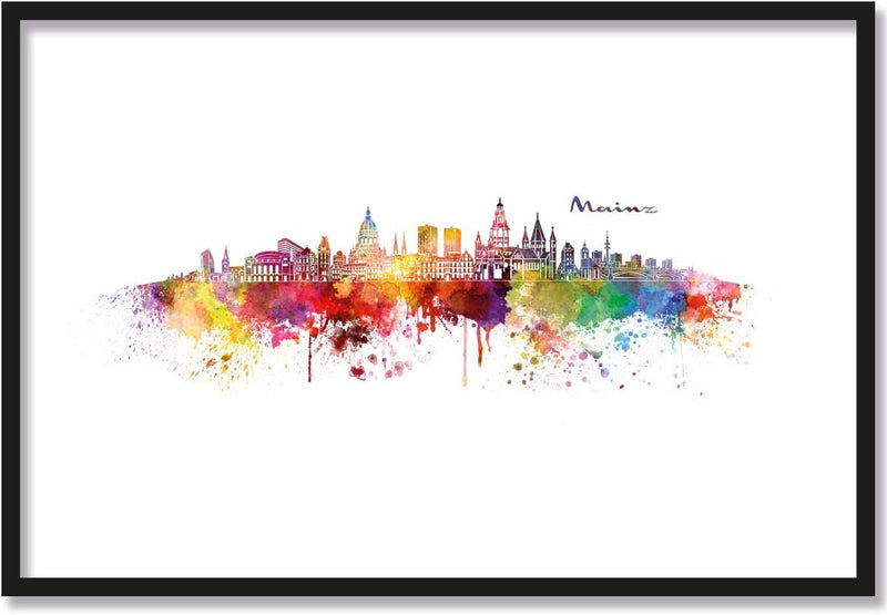 JUNIWORDS Poster mit/ohne Holzrahmen, Wähle ein Motiv, Aquarell Skyline Mainz, Wähle eine Grösse, 30