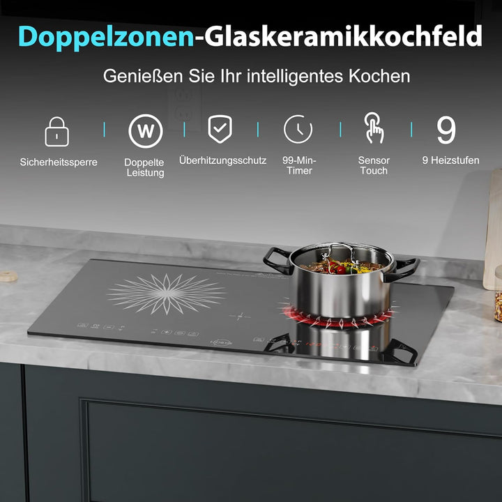 Hobsir hob Glaskeramikkochfeld 2 Platten mit Stecker | 3200W, 60cm Einbaudesign & Arbeitsplatten-Auf