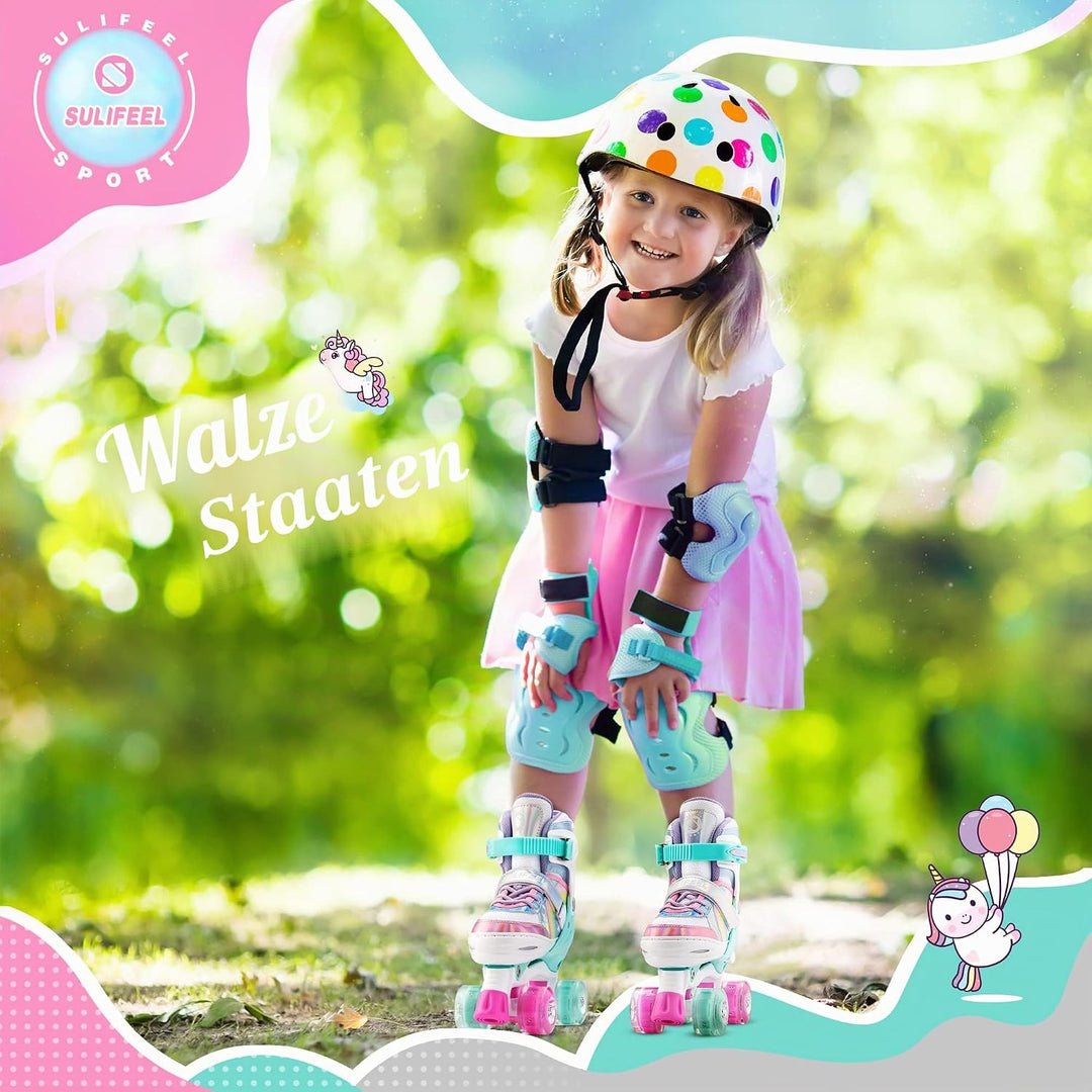 SULIFEEL Rainbow Unicorn Verstellbare Rollschuhe für Kinder mit Leuchtenden Rädern für Mädchen und J