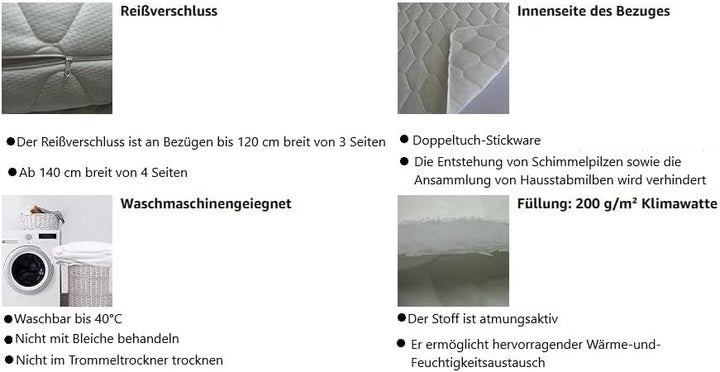 Matratzenbezug 100 x 200 cm. Matratzenschoner versteppt mit Reissverschluss (weiss, 100 x 200 x 17 c