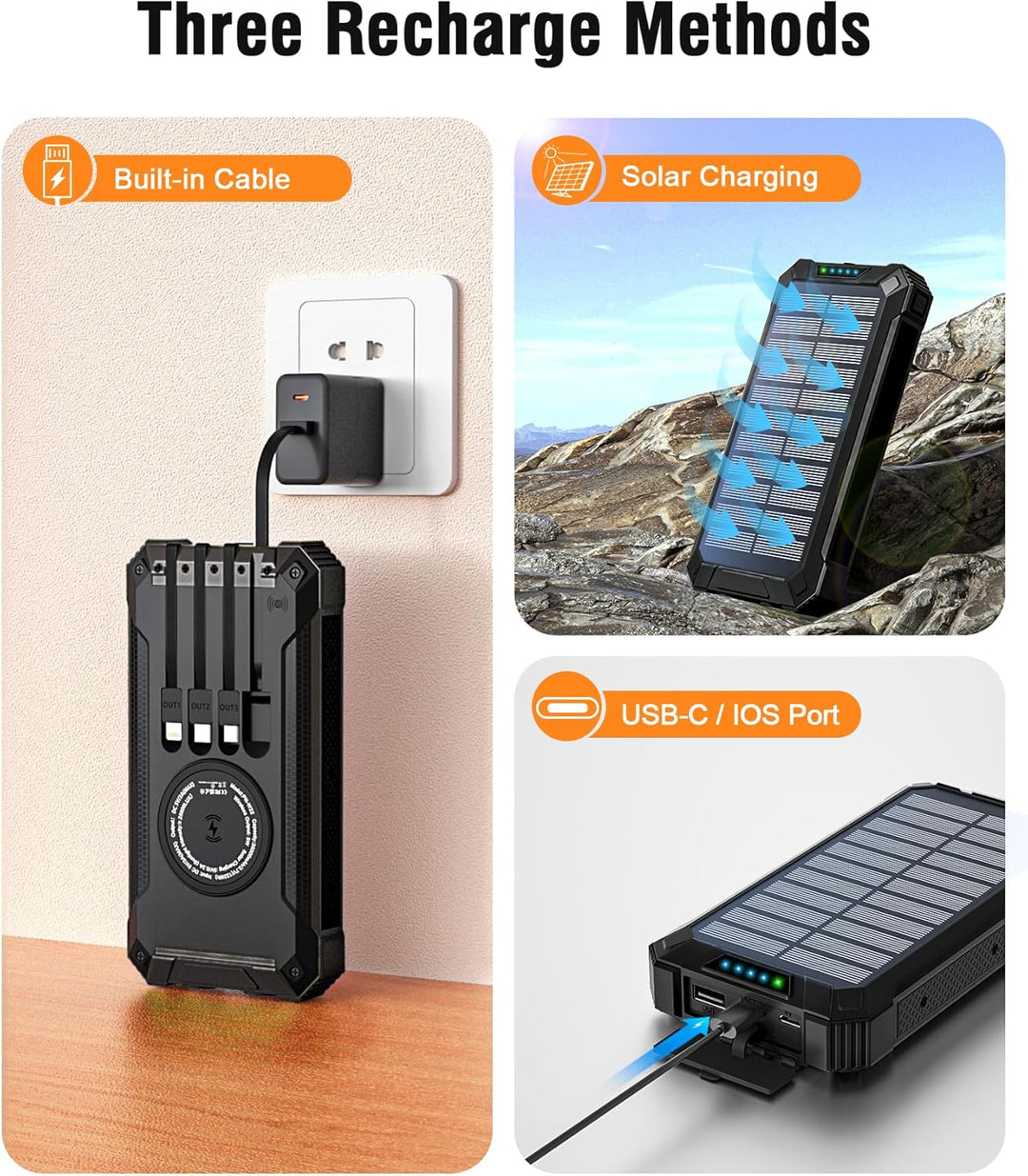 Solar Powerbank 26800mAh mit integrierten 4 Kabeln, Wireless Power Bank USB-C Ausgang/Eingang 15W Sc