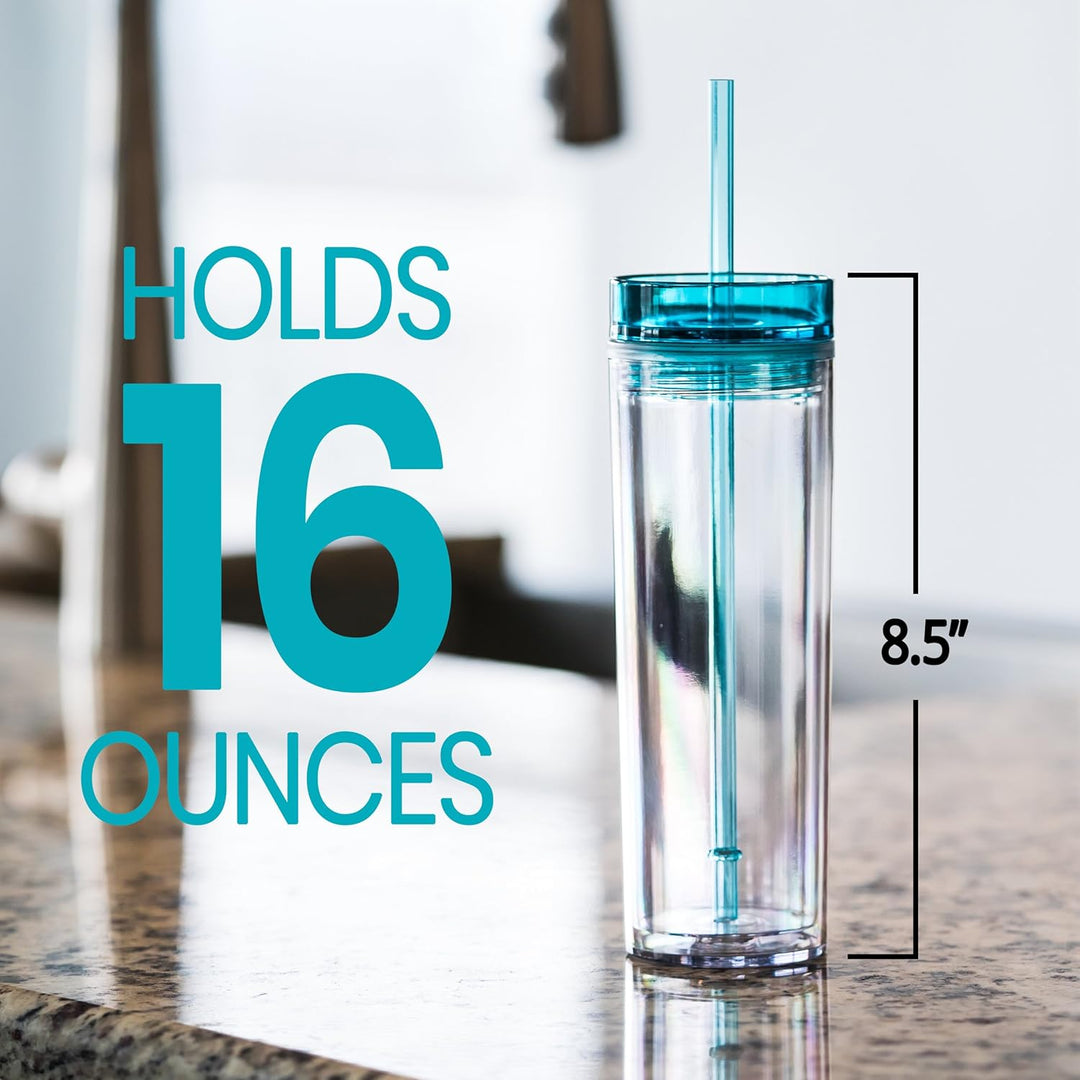 STRATA CUPS Skinny Tumblers Acryl-Trinkgläser mit Deckel und Strohhalmen, doppelwandig, transparent,