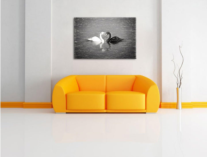 Pixxprint verliebte Schwäne schmusen Kunst Kohle Effekt, Format: 100x70 auf Leinwand, XXL riesige Bi