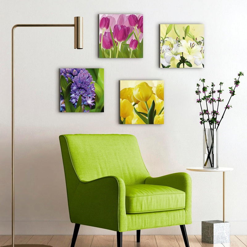 ARTLAND Leinwandbilder auf Holz Wandbild Bild Set 4 teilig je 40x40 cm Quadratisch Natur Blumen Bunt