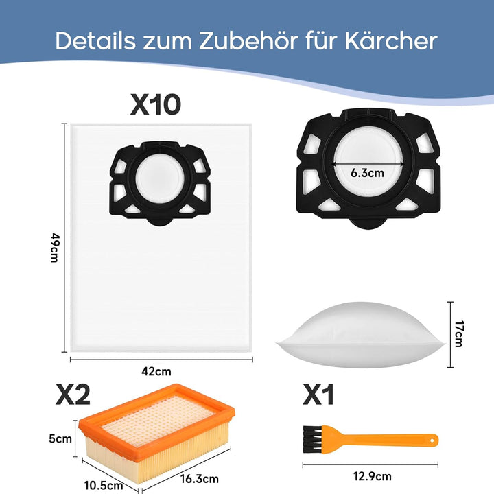 10 Staubsaugerbeutel mit 2 Filter für Kärcher WD6 WD5 WD4 WD5P WD6P MV4 MV5 MV6 Staubsauger KFI 487