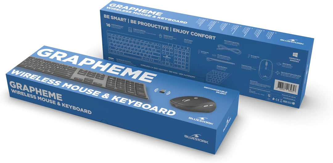 BlueStork - Grapheme kabellose Tastatur und Maus – Wireless mit Smart Dongle – leise Klicks – Ultra