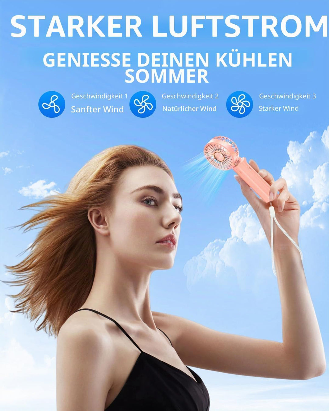 Tragbarer Handventilator, Mini-Schreibtischventilator Faltbar 1800mAh, 180° Rotation, 3 Geschwindigk