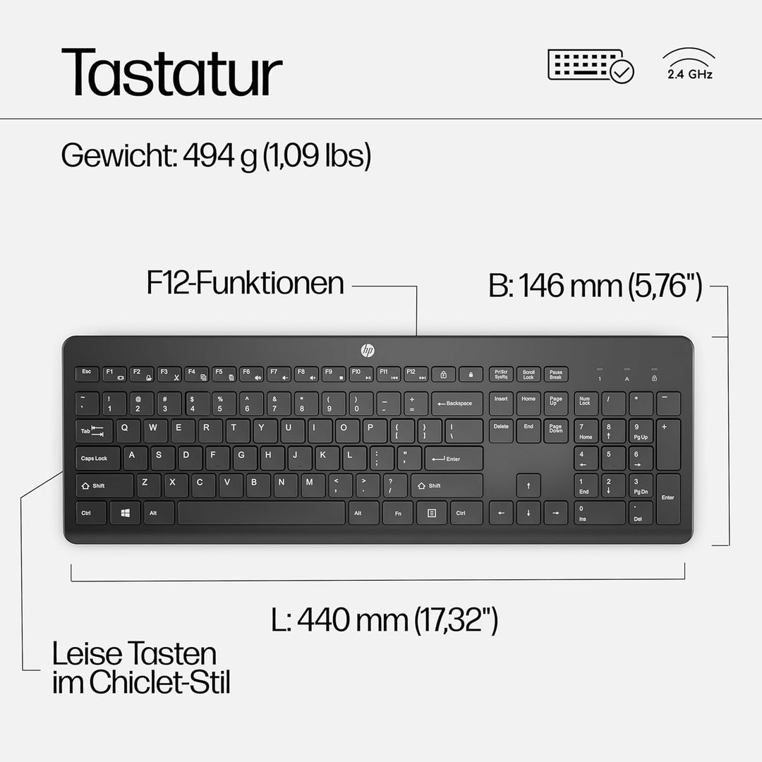 HP 230 Maus und Tastatur (kabellose Maus und Tastatur, USB Dongle, bis zu 16 Monate Akkulaufzeit, QW
