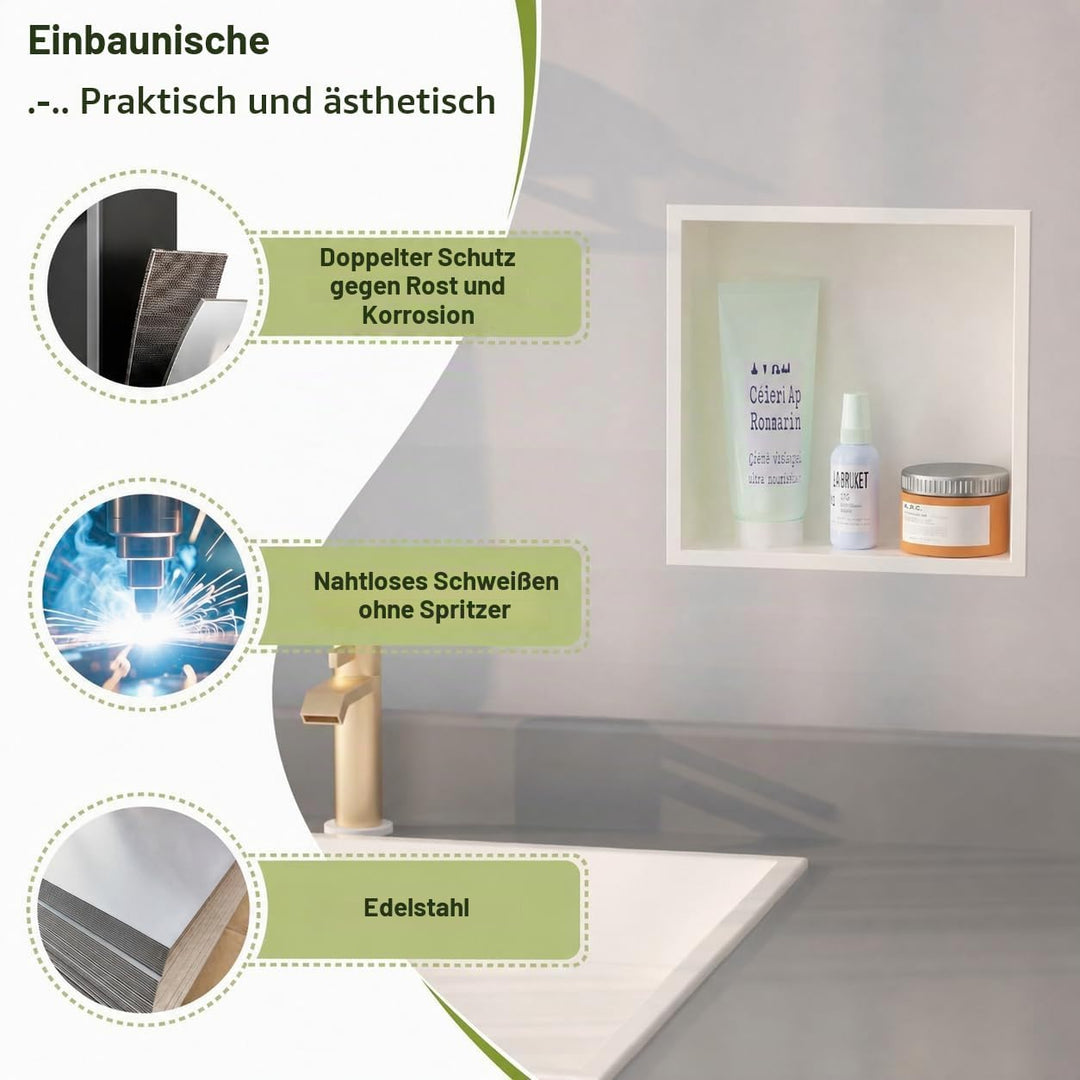 Badezimmer-Wandnischenschrank Weiss 30x30x10 cm, wandmontiertes Waschbecken für Dusche Edelstahl-Auf