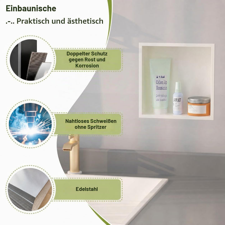 Badezimmer-Wandnischenschrank Weiss 30x30x10 cm, wandmontiertes Waschbecken für Dusche Edelstahl-Auf