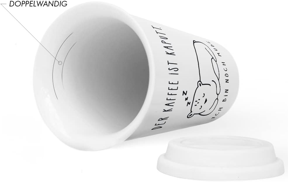 JUNIWORDS To-Go Becher mit Deckel, Der Kaffee ist kaputt. Ich bin noch müde