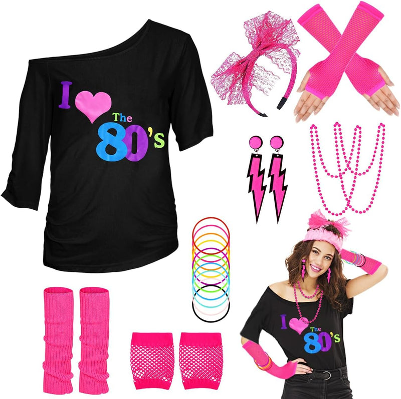 80er 90er Jahre Outfit Damen, I Love 80s T-Shirt, Beinwärmer, Stirnband, Ohrring, Halskette, Netzhan