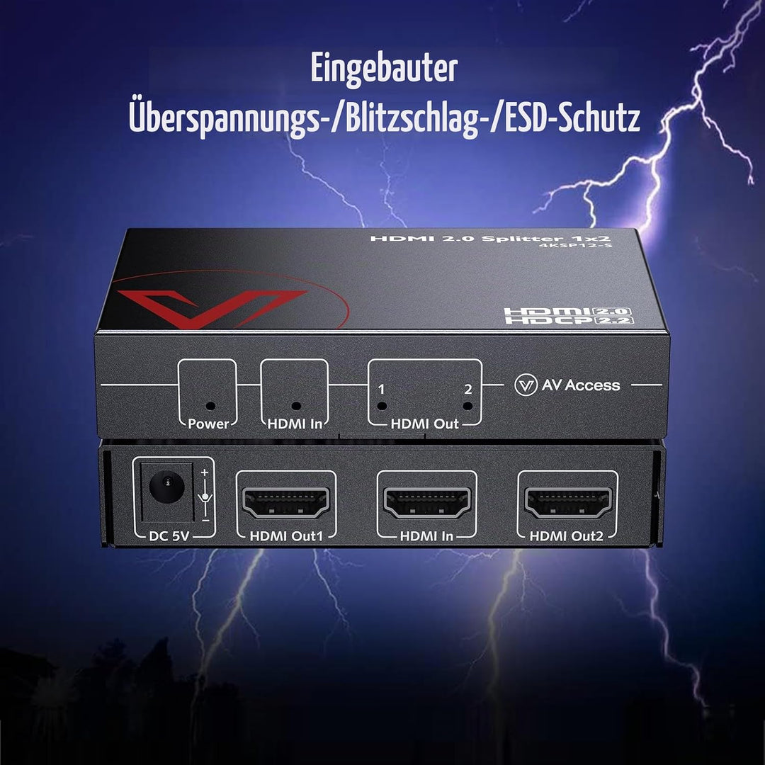 AV Access 1 in 2 Out UHD 4K@60Hz 1080p@120Hz HDMI 2.0 Splitter mit Auto Downscaling,18Gbps Zero Late