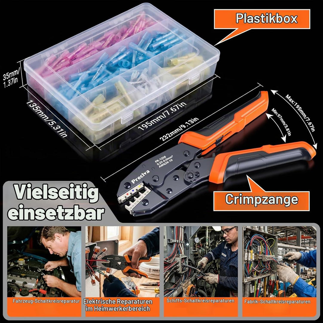 Preciva Crimpzange mit 180 Wärmeschrumpf-Schrumpfverbindern (0,25-6mm²), Quetschverbinder-Crimpzange