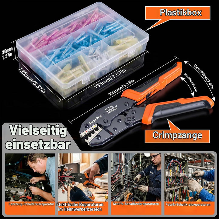 Preciva Crimpzange mit 180 Wärmeschrumpf-Schrumpfverbindern (0,25-6mm²), Quetschverbinder-Crimpzange