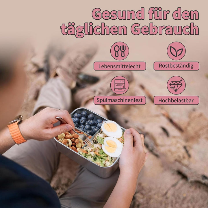 Onader Edelstahl Brotdose mit Fächern 2er Set, 1400ml Bento Box Lunchbox mit Abnehmbar Trennwand, Me