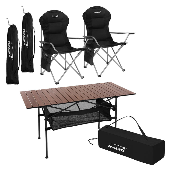 Hauki Campingmöbel Set 3tlg. Campingtisch faltbar Braun mit 2 Campingstühlen Schwarz, Camping-Set fü