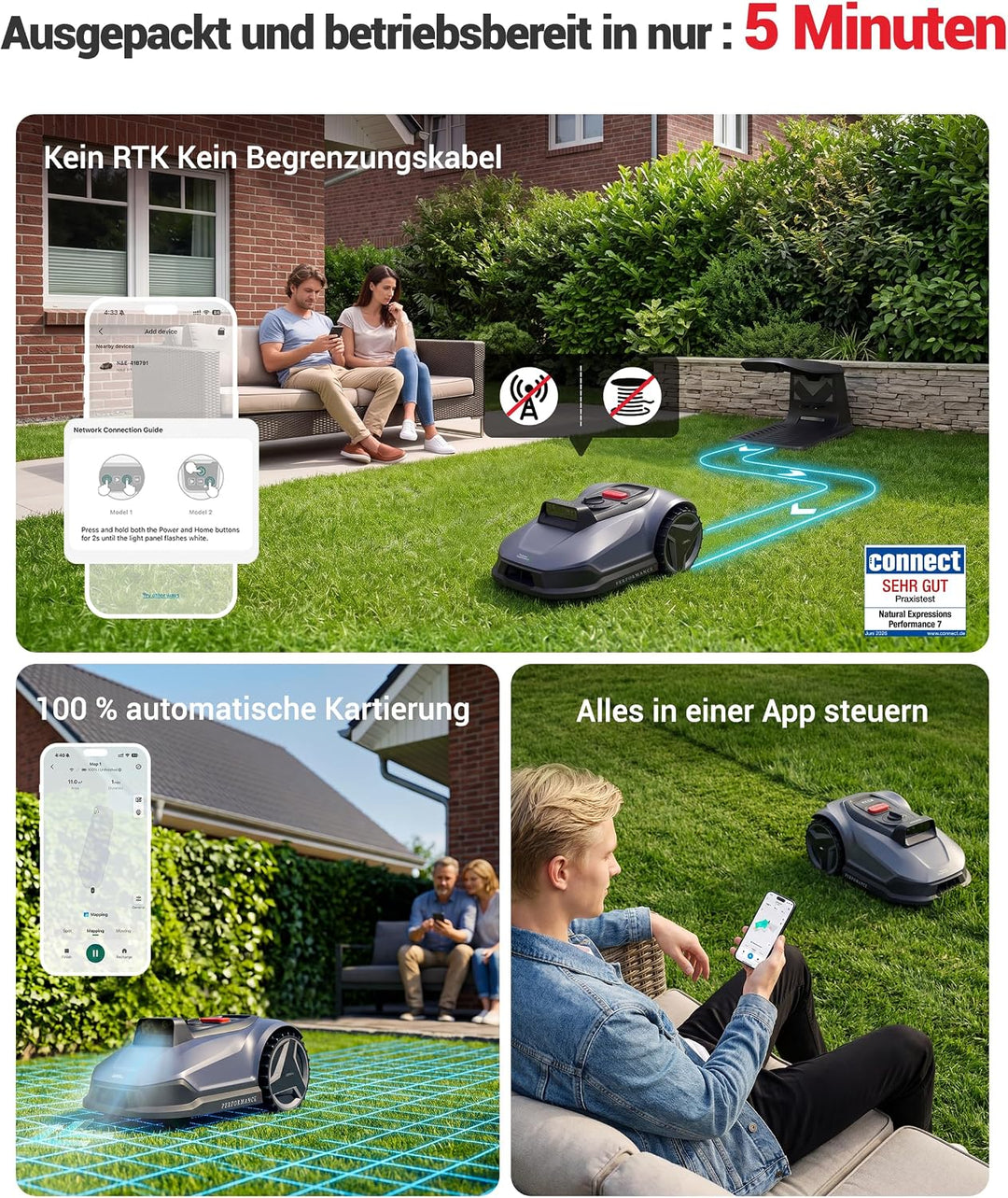 Natural Expressions Performance 7 Mähroboter ohne Begrenzungskabel mit Garage, 500m² Rasenmäher kein