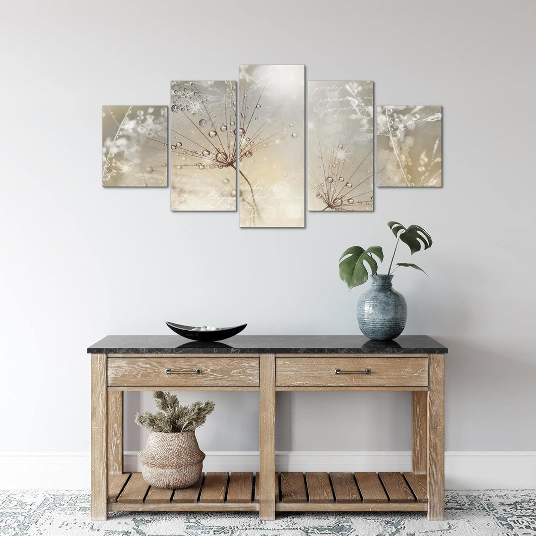 Runa Art Wandbilder Blumen Pusteblume 5 Teilig Bild auf Vlies Leinwand Deko Wohnzimmer Gräser Beige