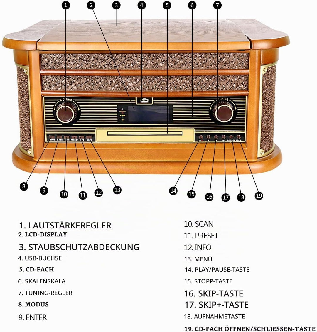 Plattenspieler 9-in-1 DAB Vinyl Turntable Vintage Holz mit Bluetooth/FM/Stereo-Lautsprecher/CD/MP3/K