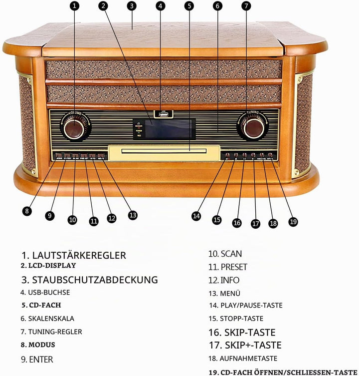 Plattenspieler 9-in-1 DAB Vinyl Turntable Vintage Holz mit Bluetooth/FM/Stereo-Lautsprecher/CD/MP3/K