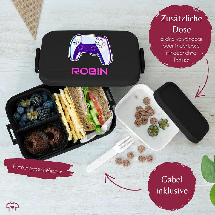 Shirtracer Mepal Lunchbox Kinder personalisiert Name Gaming Controller 1 Schwarz, 1 Schwarz