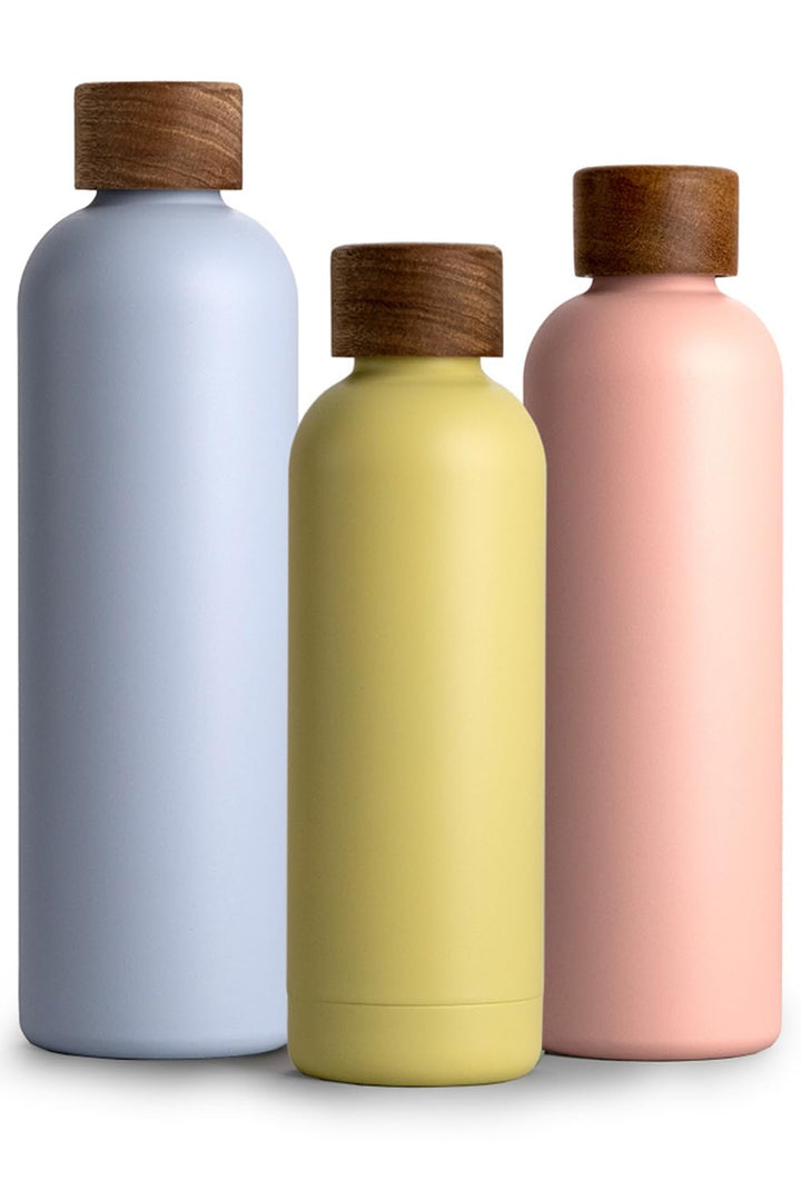 T&N Edelstahl Trinkflasche 500ml, Thermosflasche 0.5l mit Akazienholz Deckel, Isolierte Wasserflasch