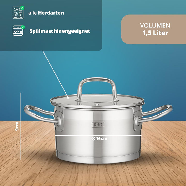 KHG Topf Kochtopf Fleischtopf 16 cm Induktion, Edelstahl unbeschichtet inkl. Glasdeckel | 9,5 cm hoh