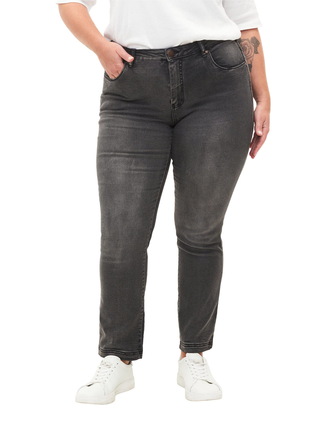 Zizzi Damen Grosse Grössen Emily Jeans Slim Fit Normale Taillenhöhe Gr 46W / 30L Dark Grey Denim, 46