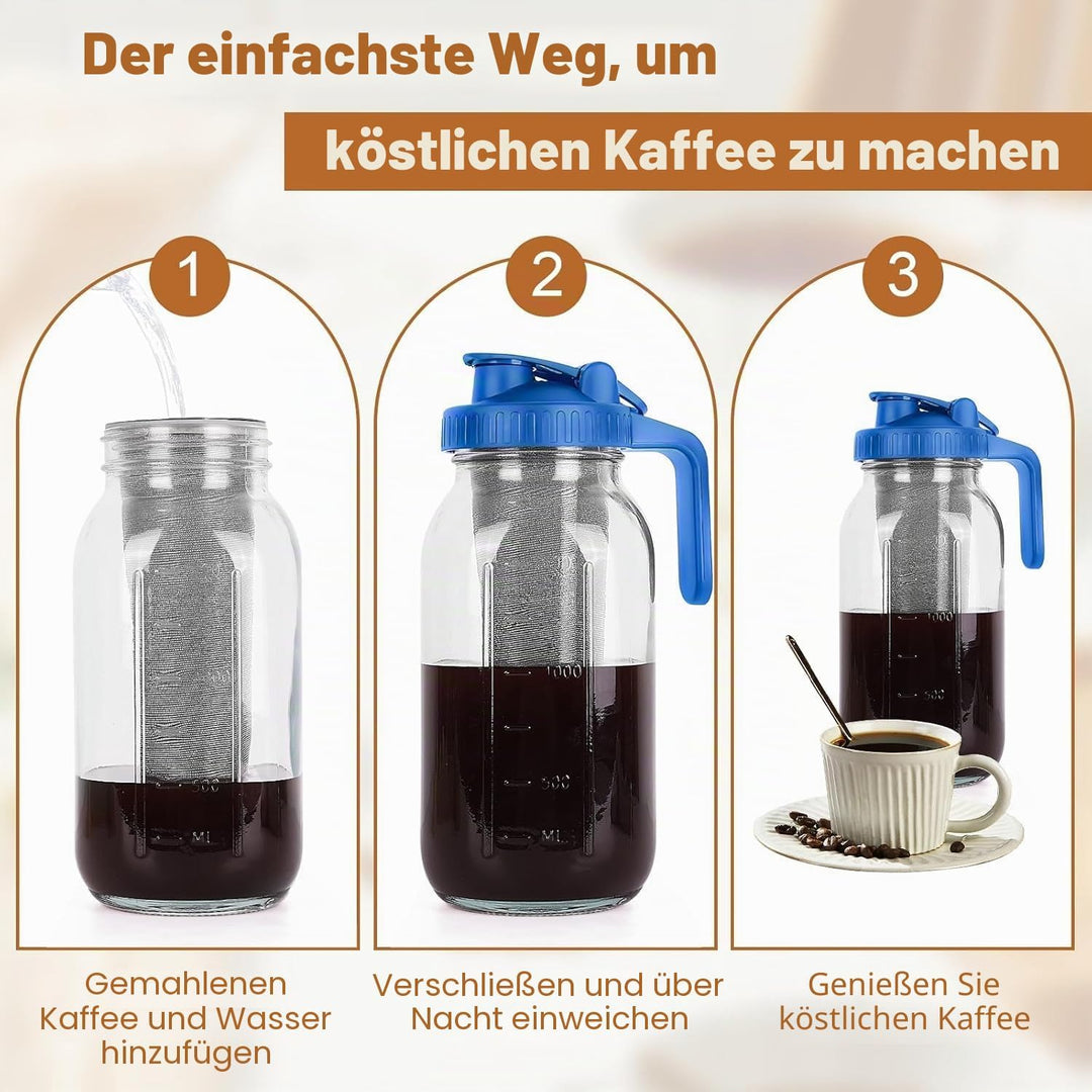 Cold Brew Kaffeebereiter, 1.8L Cold Brew Coffee Maker, Deckel mit Griff und Edelstahlfilter, Kaffeeb