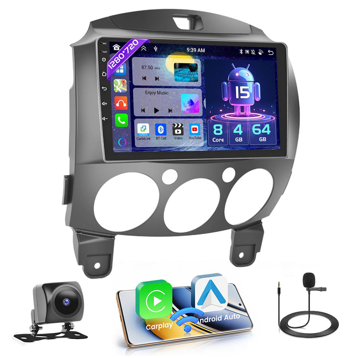 Hikity 8 Core 4GB+64GB Android 15 Autoradio für Mazda 2 2007-2014 Radio Wireless CarPlay Android Aut