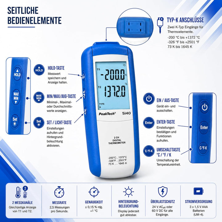 PeakTech 5140-2CH Digital Themometer Typ-K -200°C … 1372°C 2 Kanal, 2 Kanal