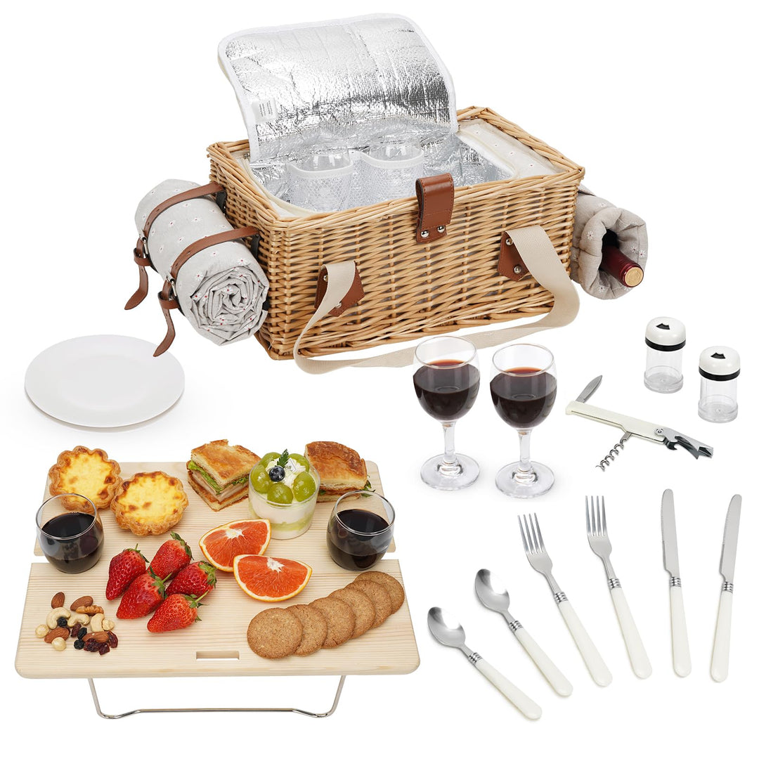 Picknickkorb-Set mit Mini-Klapptisch und Besteck-Set, Picknickkorb für 2 Personen mit kühltaschen, F