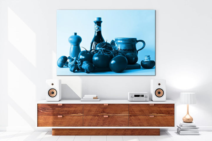 deyoli gesunde Nahrungsmittel auf einem Holzbrett Format 80x60 Effekt: Monocrome Blau als Leinwandbi